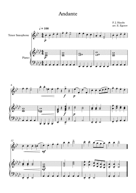 Andante (Surprise Symphony), Franz Joseph Haydn, For Tenor Saxophone & Piano (arr. Eugene Egorov)