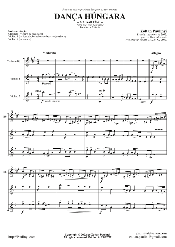 Hungarian Dance for trio (clarinet and 2 violins)