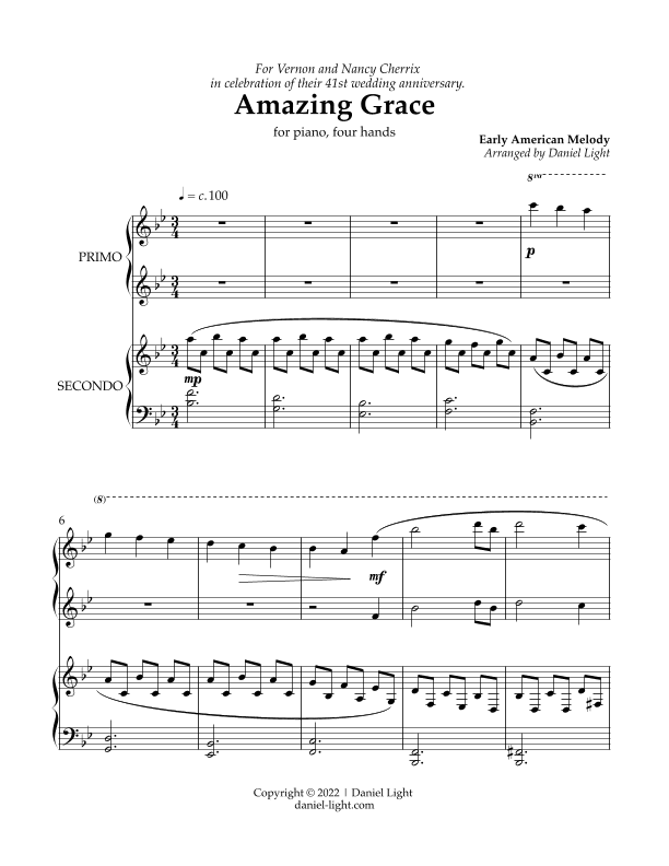 Amazing Grace (Piano Duet) (arr. Daniel Light)