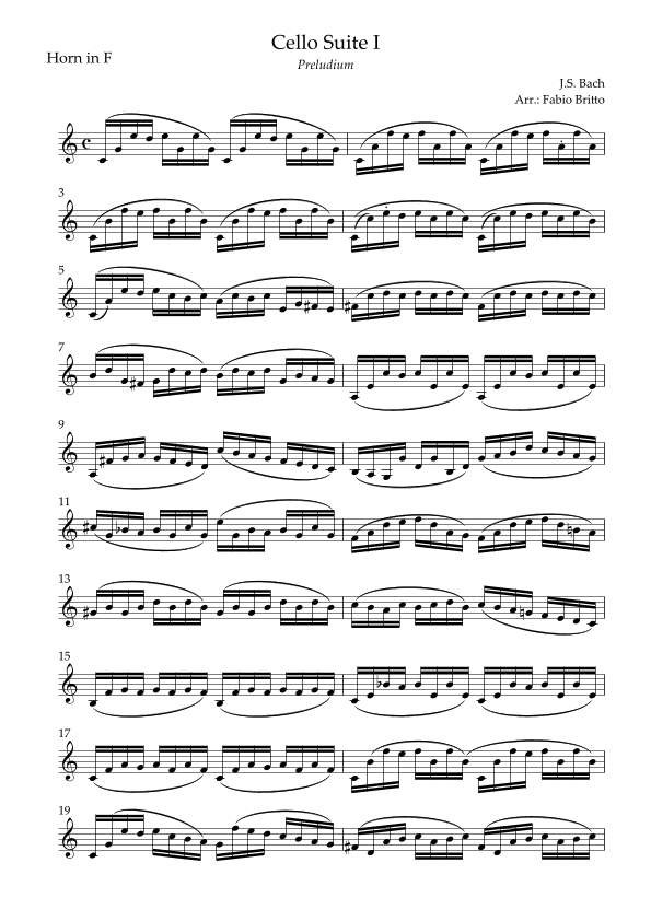 Preludium (from Cello Suite no.1 - J. S. Bach) for Horn in F Solo (arr. Fabio Britto)