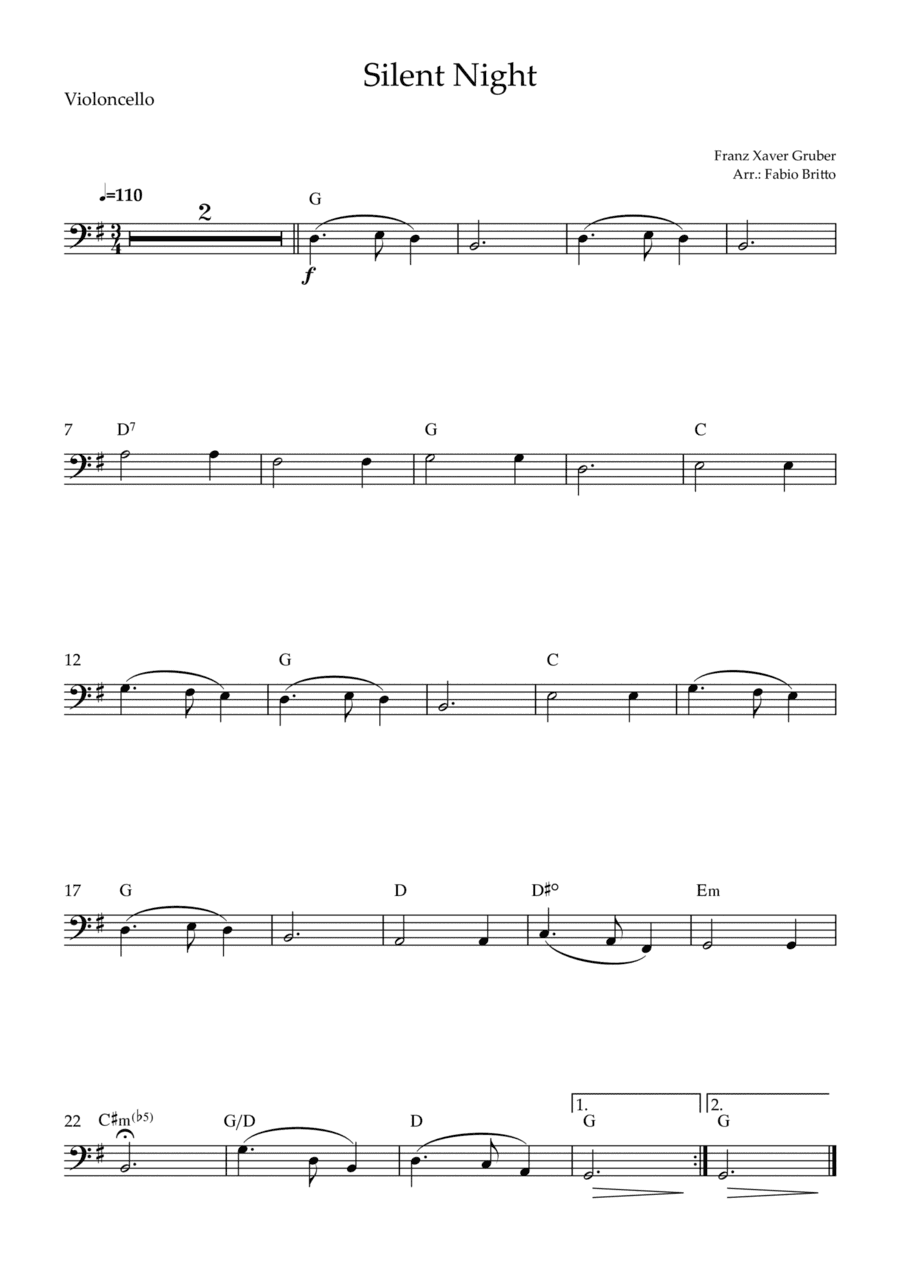 Silent Night (Christmas Song) for Celllo Solo with Chords (arr. Fabio Britto)