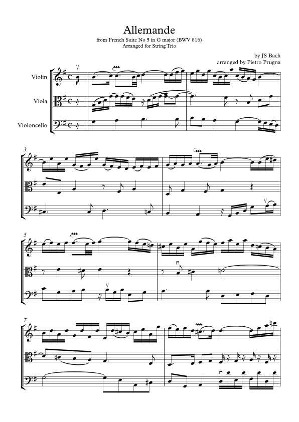 Allemande from French Suite No 5 in G major (BWV 816) by JS Bach - arranged for String Trio (arr. Pietro Prugna)