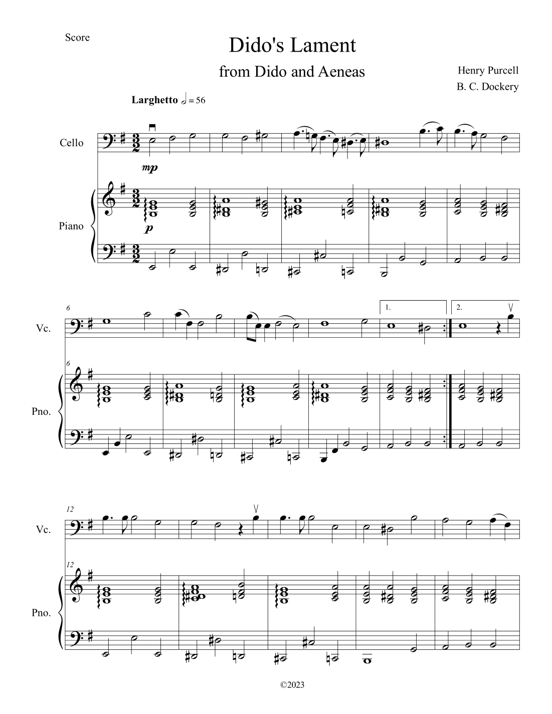 Dido's Lament (Cello Solo with Piano Accompaniment) (arr. B. C. Dockery)