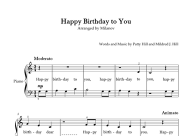 Happy Birthday to You in C Piano Very Easy Fingered Lyrics (arr. Milanov)