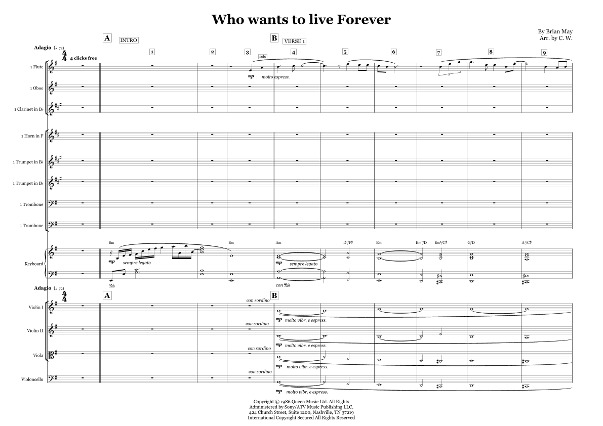 Who Wants To Live Forever - Score Only (arr. C.W.)