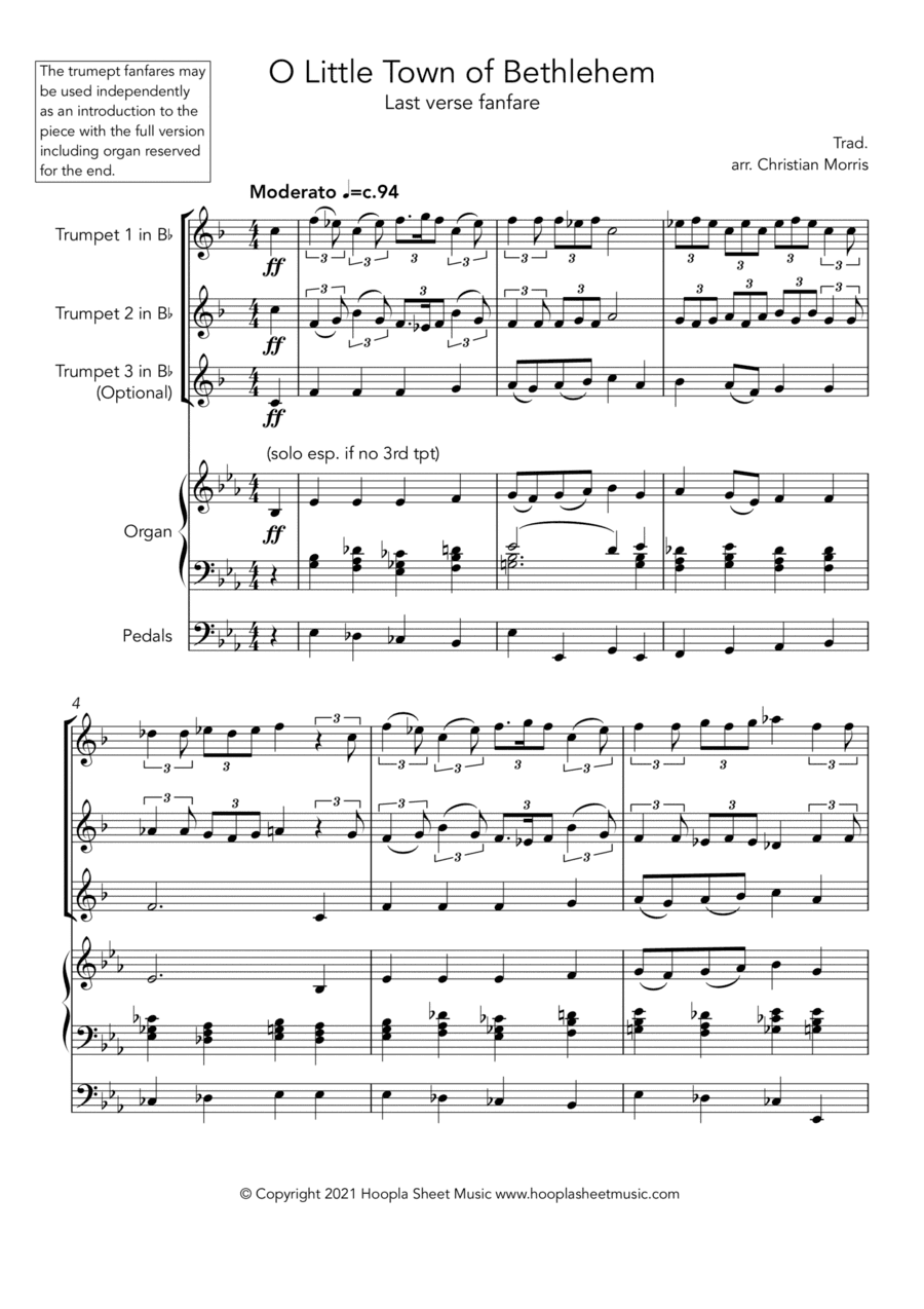 O Little Town of Bethlehem Fanfare (3 Trumpets and Organ) (arr. Hoopla Sheet Music)