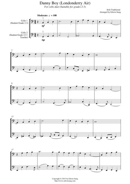 Danny Boy (Londonderry Air) (for cello duet, suitable for grades 2-5) (arr. Edwin Sung)