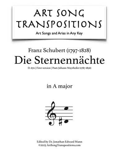 SCHUBERT: Die Sternennächte, D. 670 (first version, transposed to A major) (arr. ArtSongTranspositions.com)