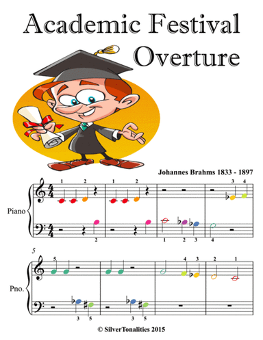 Academic Festival Overture Beginner Piano Sheet Music with Colored Notes (arr. SilverTonalities)
