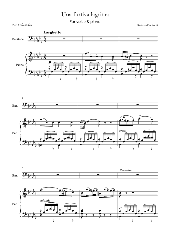 Una Furtiva Lagrima (Baritone in Bbm) (arr. Pedro Cohen)