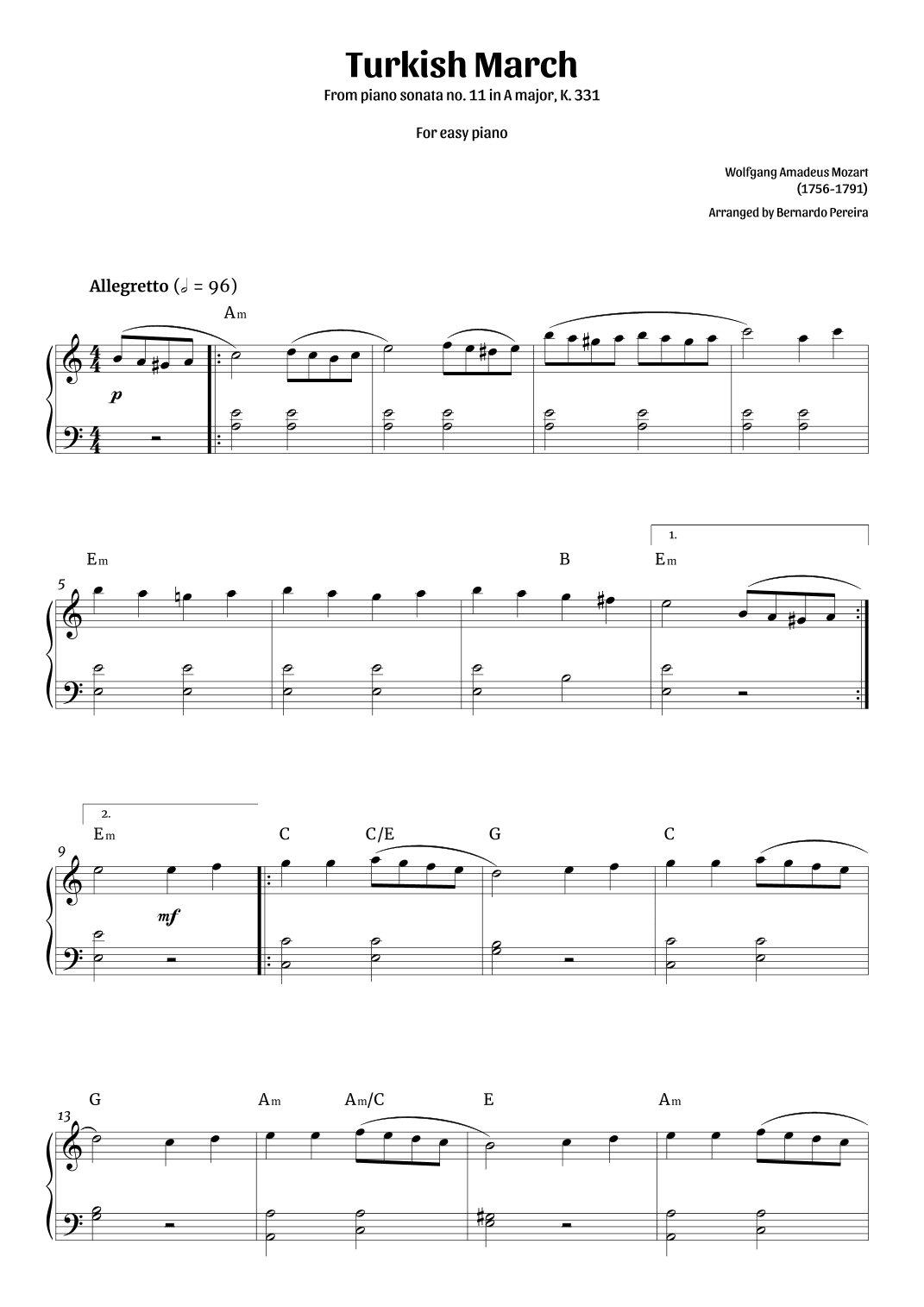 Turkish March (easy piano – clean with chords) (arr. Bernardo Pereira)