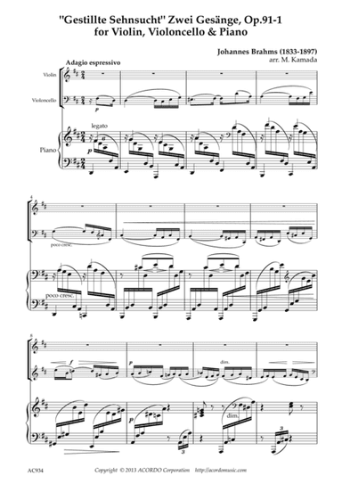'Gestillte Sehnsucht' Zwei Gesänge, Op.91-1 for Violin, Violoncello & Piano (arr. Mikio Kamada)