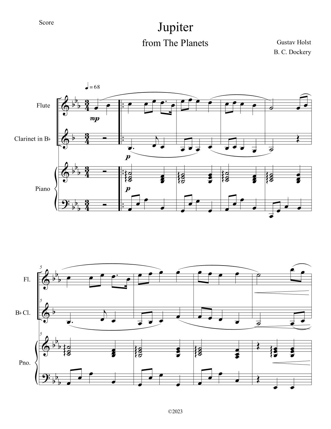 Jupiter (from The Planets) for Flute and Clarinet Duet with Piano Accompaniment (arr. B. C. Dockery)