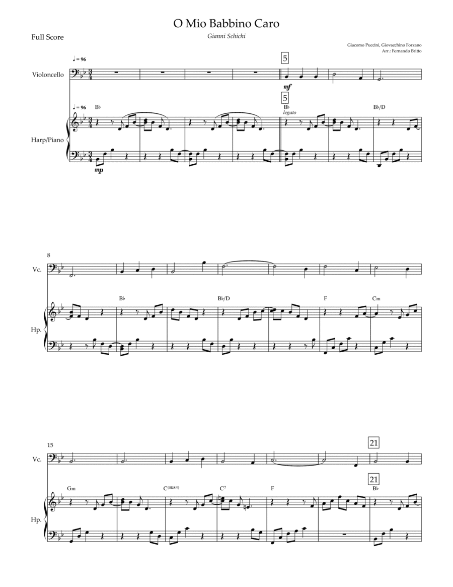 O Mio Babbino Caro (Puccini) for Cello & Piano with Chords (arr. Fernando Britto)