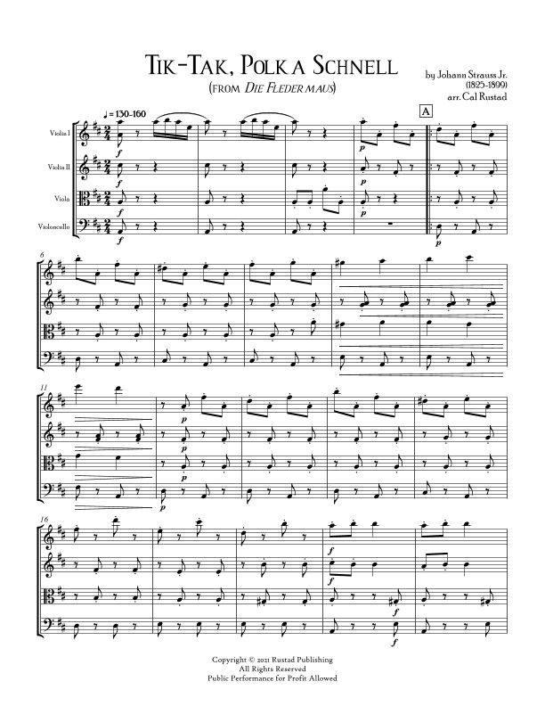 Tik-Tak Polka op. 356 from Die Fledermaus - for String Quartet (arr. Cal Rustad)
