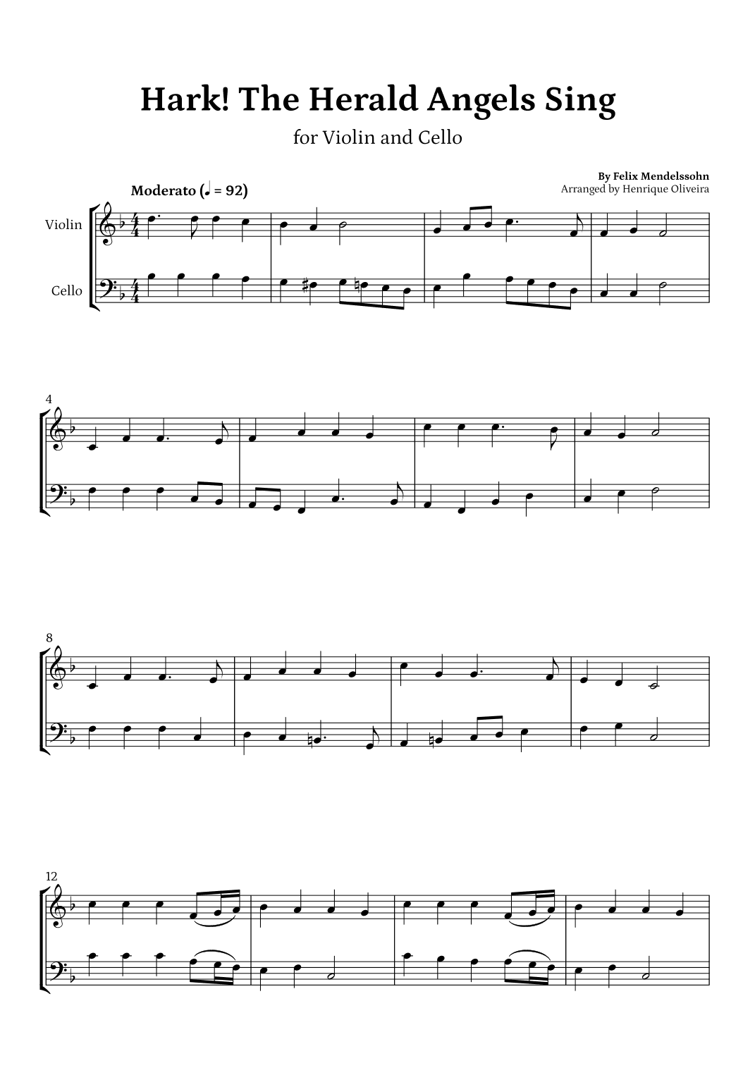 Hark! The Herald Angels Sing (Violin and Cello) - Beginner Level (arr. Henrique Oliveira)