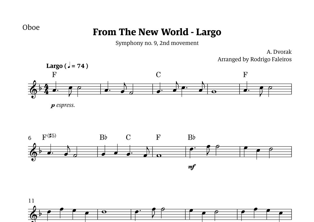 Largo (2nd movement of the Symphony no. 9 'From The New World') (arr. Rodrigo Faleiros)