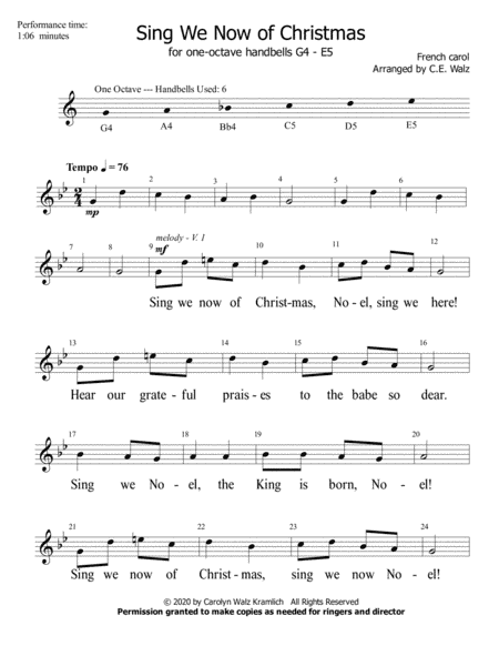Sing We Now of Christmas - for one-octave beginning handbells G4-E5 (arr. c.e. walz)