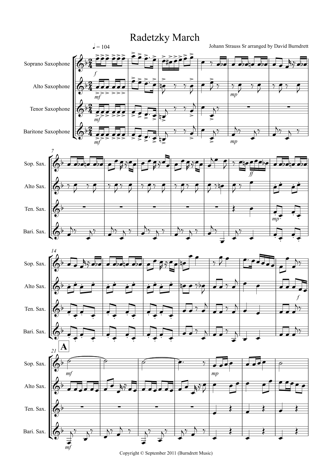 Radetzky March for Saxophone Quartet (arr. David Burndrett)