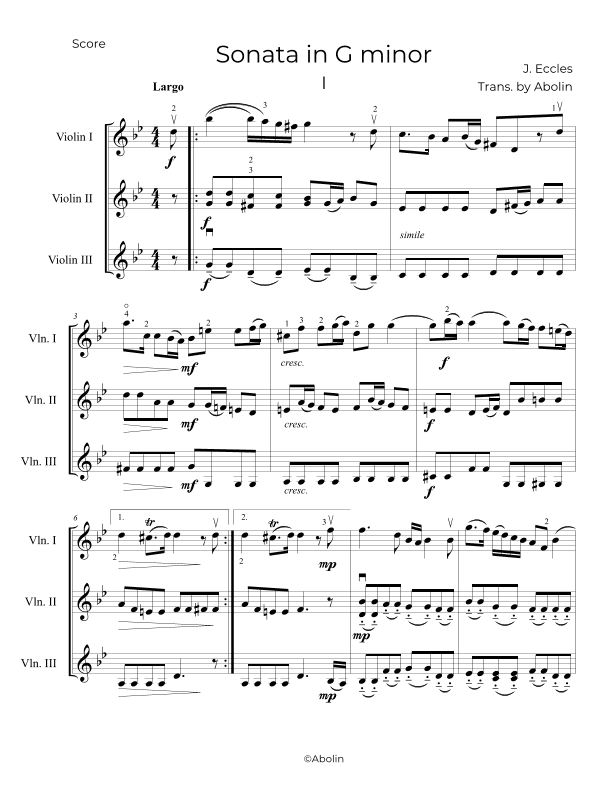 Eccles: Sonata in G minor - Violin Trio (arr. Abolin)