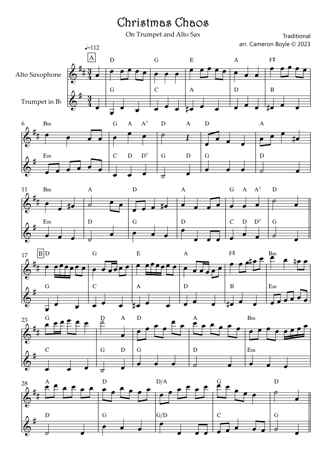Christmas Chaos on Trumpet and Saxophone (arr. Cameron Boyle)