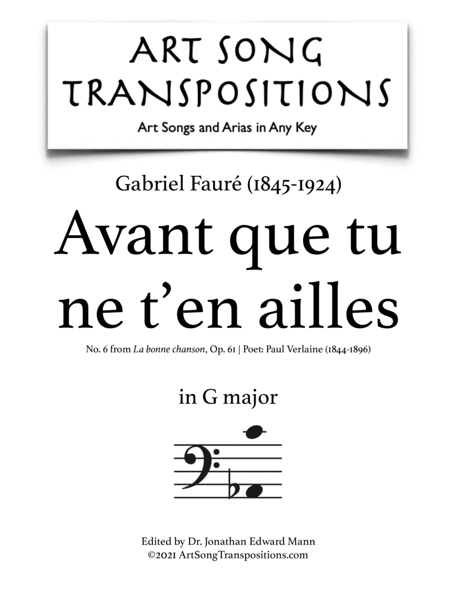 FAURÉ: Avant que tu ne t'en ailles, Op. 61 no. 6 (transposed to G major, bass clef) (arr. ArtSongTranspositions.com)