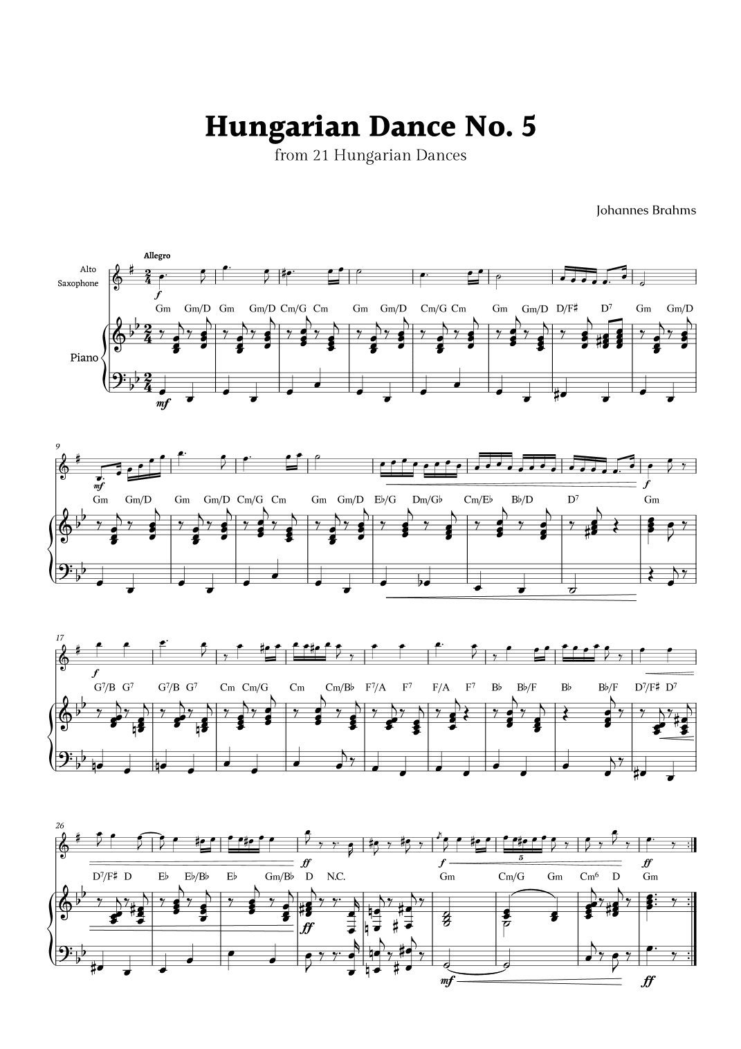 Hungarian Dance No. 5 by Brahms for Alto Saxophone and Piano with Chords (arr. Rika K.)