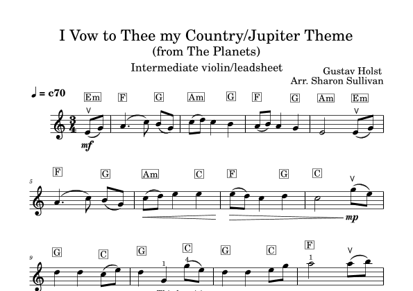 I Vow to Thee My Country/Jupiter Theme from the Planets (Intermediate violin lead sheet) (arr. Sharon Sullivan)