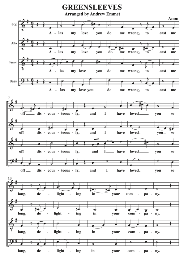 Greensleeves A Cappella SATB (arr. Andrew Emmet)