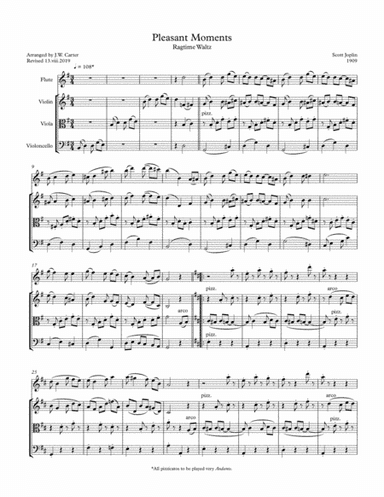 Pleasant Moments, Ragtime Waltz, by Scott Joplin (1909), arranged for Flute & String Trio. (arr. J.W. Carter)