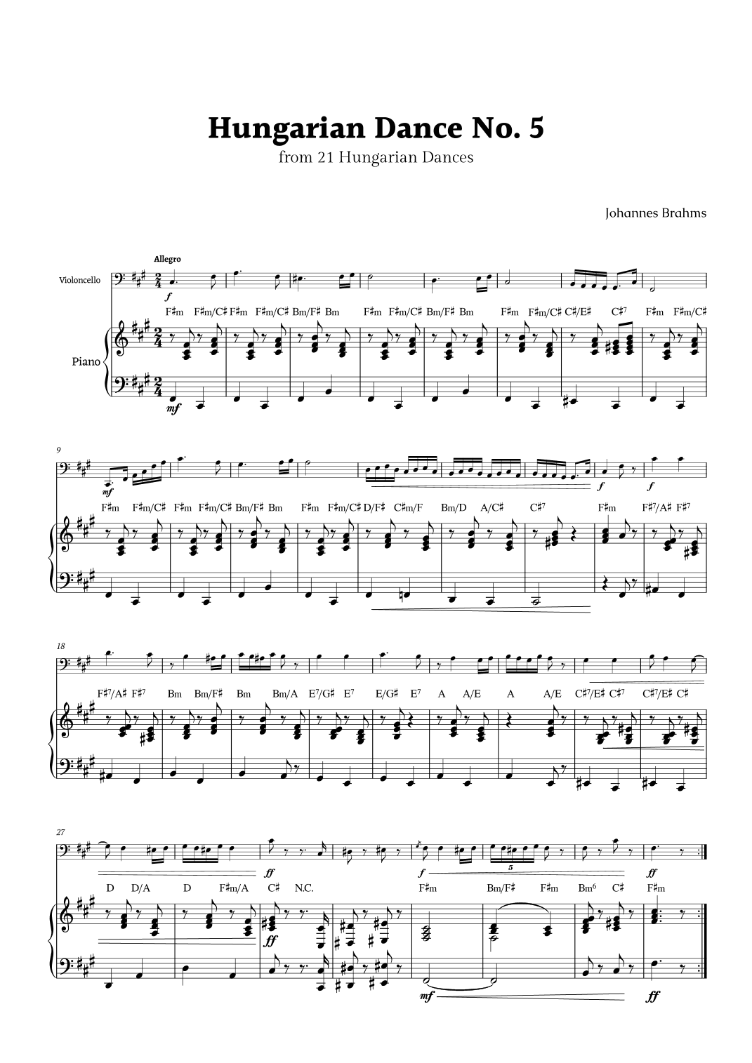 Hungarian Dance No. 5 by Brahms for Violoncello and Piano with Chords (arr. Rika K.)