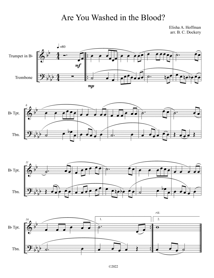 Are You Washed in the Blood? (Trumpet and Trombone Duet) (arr. B. C. Dockery)