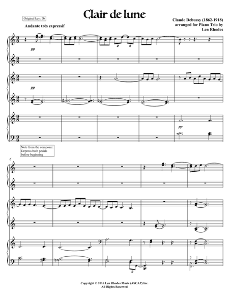 Debussy - Clair de Lune, for Six hands (one piano) (arr. Len Rhodes)