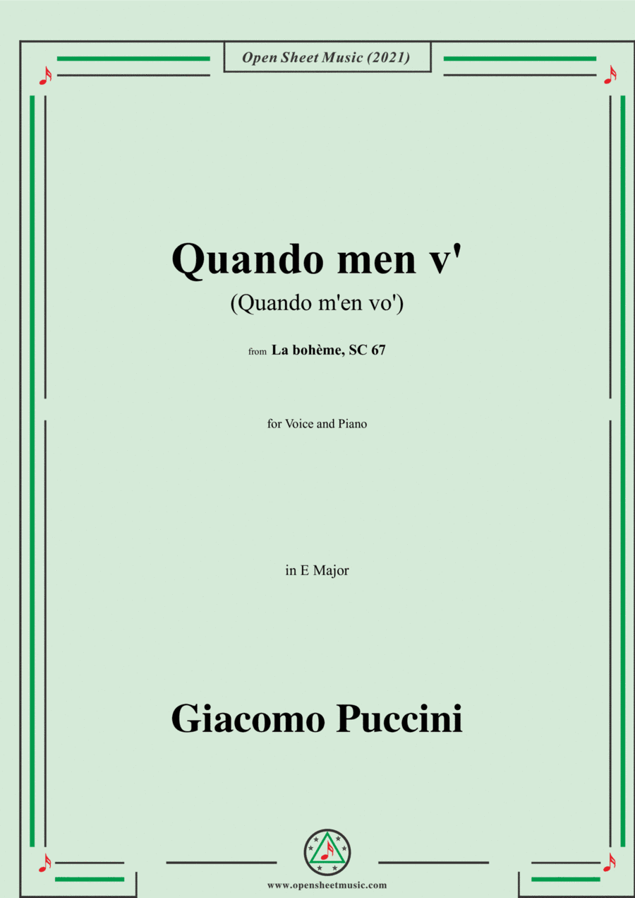 Puccini-Quando men vo(Quando m'en vo'),in E Major,from 'La bohème,SC 67',for Voice and Piano (arr. Open Cloud)