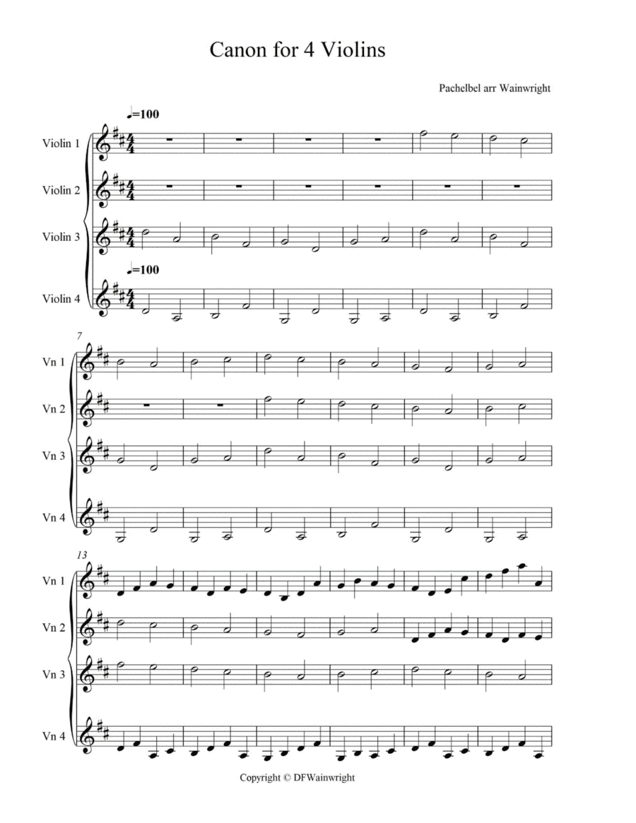 Pachelbel Canon arranged for four violins (arr. David F Wainwright)