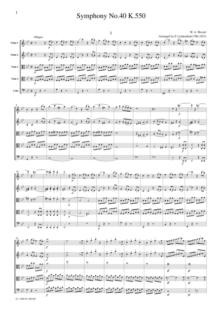 Mozart Symphony No.40, all mvts.(arranged by Lichtenthal), for string quintet, CM091 (arr. Lichtenthal)