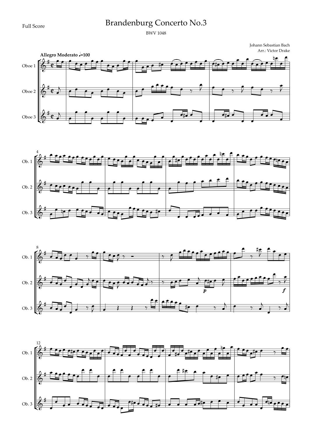 Brandenburg Concerto No. 3 in G major, BWV 1048 1st Mov. (J.S. Bach) for Oboe Trio (arr. Victor Drake)