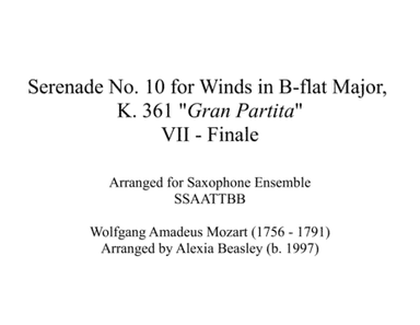 Serenade for Winds, K. 361 for Saxophone Ensemble (arr. Alexia Beasley (b. 1997))