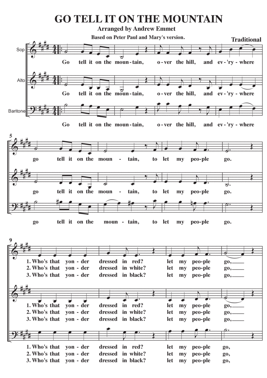 Go Tell It On The Mountain A Cappella SAB (arr. Andrew Emmet)