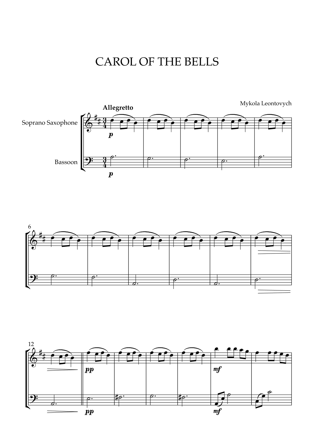 Mykola Leontovych - Carol of The Bells (for Soprano Saxophone and Bassoon) (arr. Cadenza Editions)