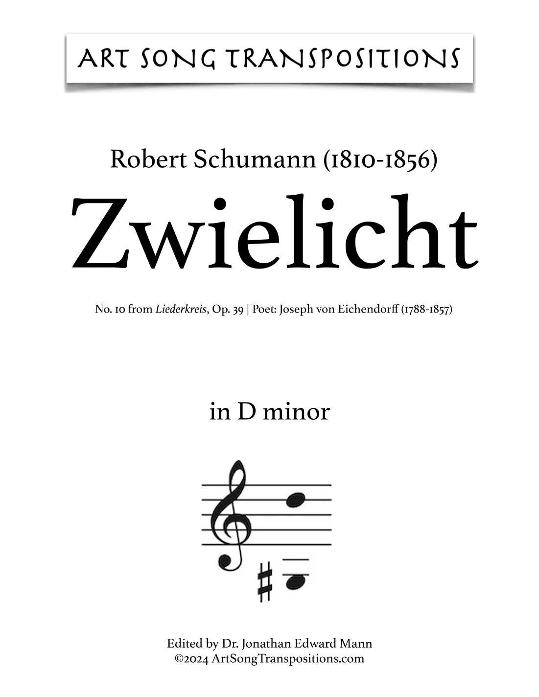 SCHUMANN: Zwielicht, Op. 39 no. 10 (transposed to D minor) (arr. ArtSongTranspositions.com)