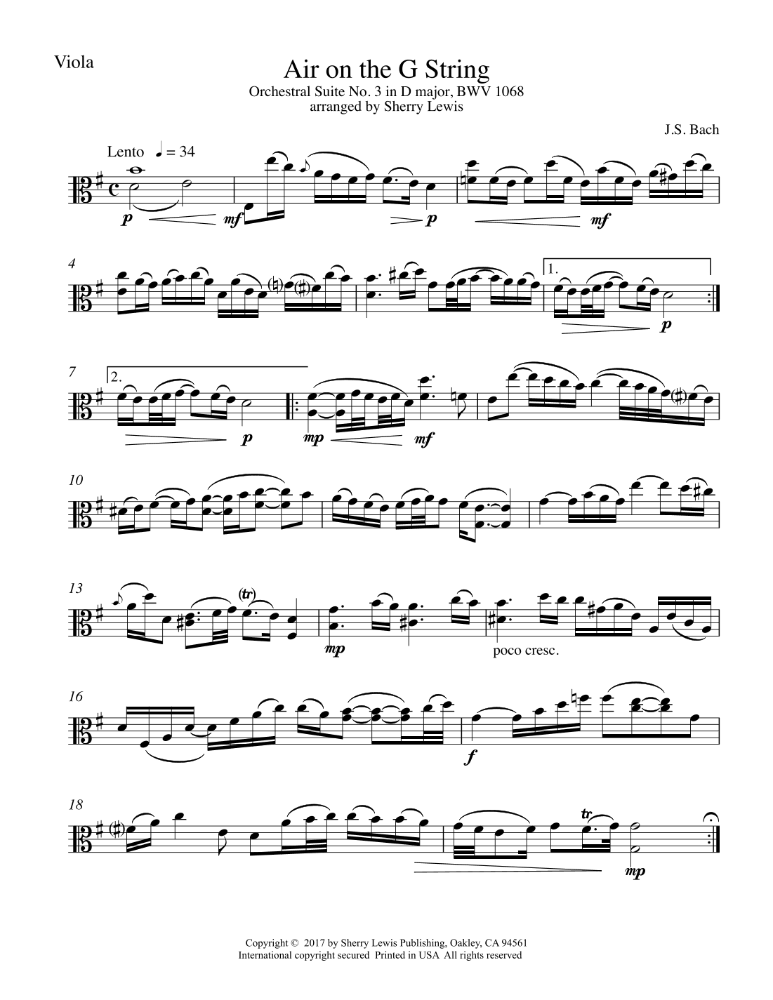 Air on the G String for Viola Solo, J.S. Bach (arr. Sherry Lewis)