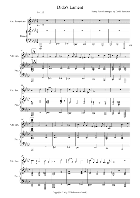 Dido's Lament for Alto Saxophone and Piano (arr. David Burndrett)