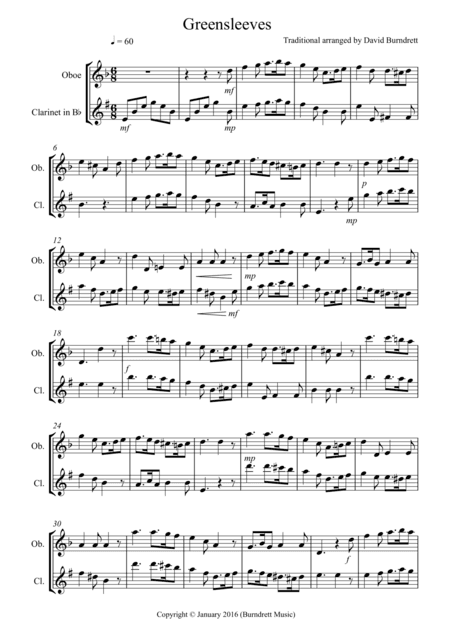 Greensleeves for Oboe and Clarinet (arr. David Burndrett)