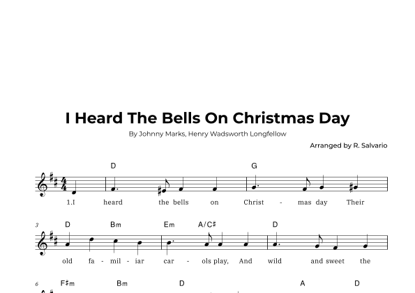 I Heard The Bells On Christmas Day (Key of D Major) (arr. R. Salvario)
