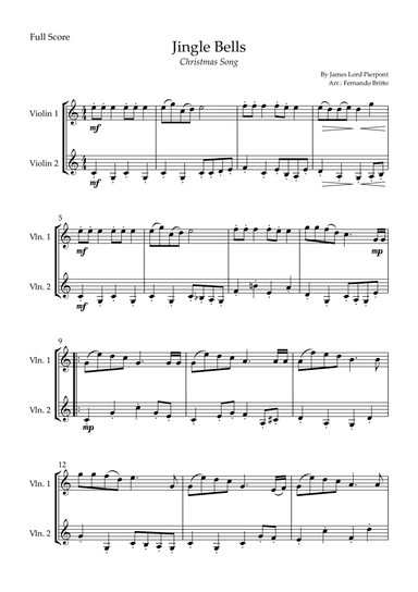 Jingle Bells (Christmas Song) for Violin Duo (arr. Fernando Britto)