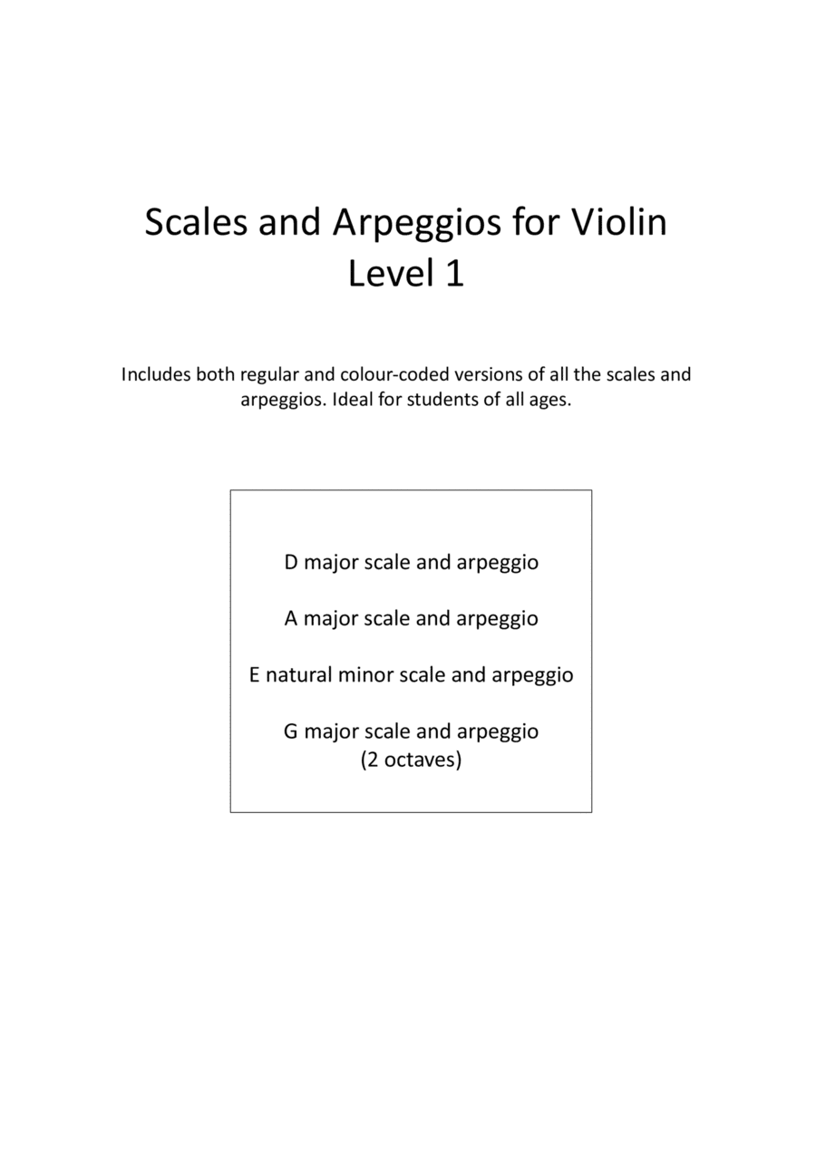 Scales and arpeggios for violin - Level (grade) 1. Includes additional colour-coded notation and gui (arr. Greg Eaton)