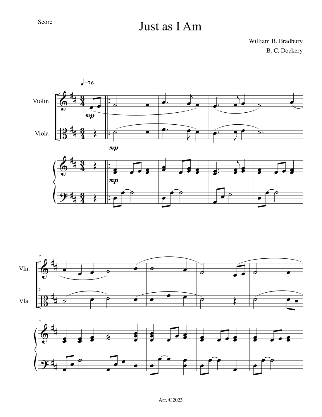 Just As I Am (Violin and Viola Duet with Piano Accompaniment) (arr. B. C. Dockery)