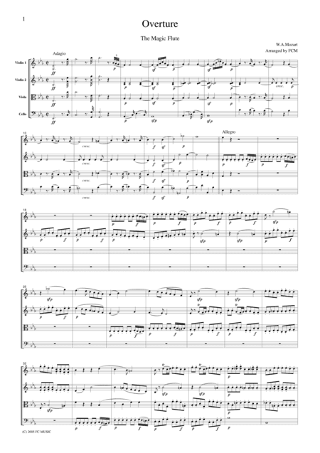 Mozart Overture to The Magic Flute, for string quartet, CM014 (arr. FCMUSIC)