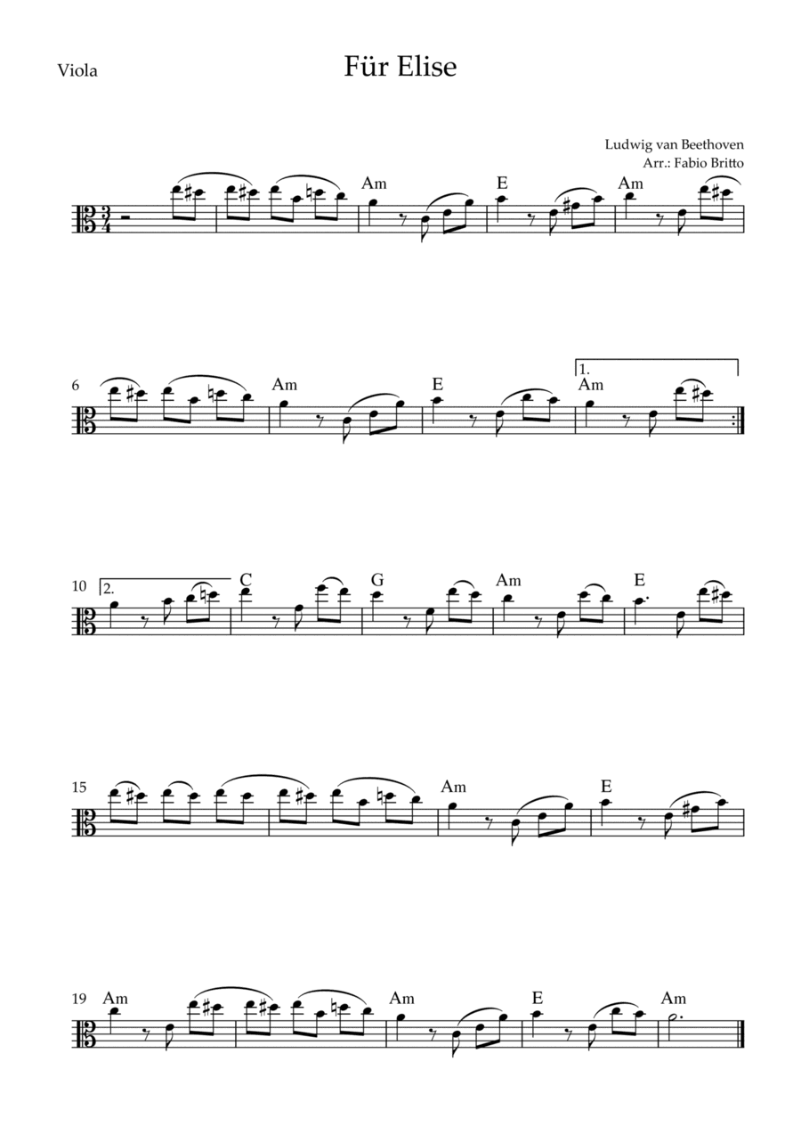 Für Elise (Beethoven) for Viola Solo with Chords (Simplified) (arr. Fabio Britto)